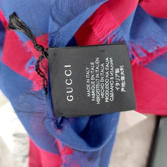NWT Gucci Shining Tiger Head Red and Blue Stripe Scarf Wrap - Picture 7 of 10